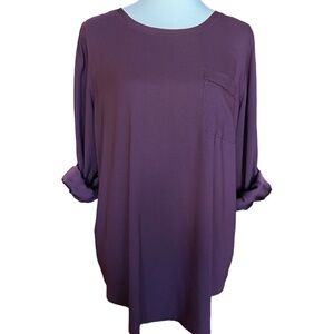 Ann Taylor Wine Red Large Silk Pocket Blouse Popover Top Roll-Tab Sleeves